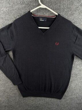 Fred Perry Navy Blue Medium Logo Sweater Pullover V-Neck Men Knit Solid Preppy